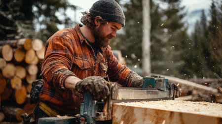 Woodworker Operating Portable Sawmill in Forest During Daytimeの素材