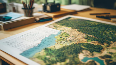 Detailed Topographic Map Displayed on a Table in a Natural Light Settingの素材