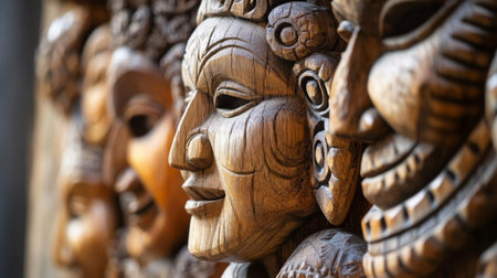Intricately Carved Wooden Masks Displayed at a Craft Fairの素材