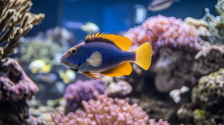 Vibrant Fish Swimming Among Colorful Coral in Underwater Aquarium Exhibitの素材