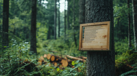 Informative Sign in Lush Forest Area Surrounded by Trees and Logs on a Foggy Dayの素材