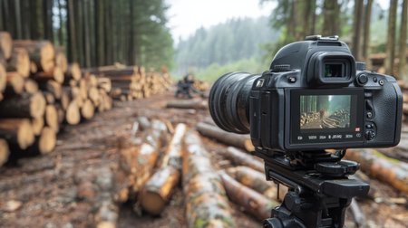 Camera Capturing Timber Logging Process in Forest During Overcast Dayの素材