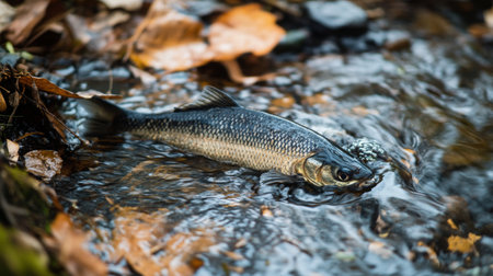 Freshwater Fish Swimming in Clear Stream Surrounded by Autumn Leavesの素材