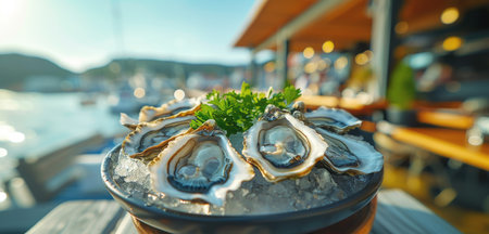 Freshly Shucked Oysters Served on Ice at a Coastal Restaurant During Sunsetの素材