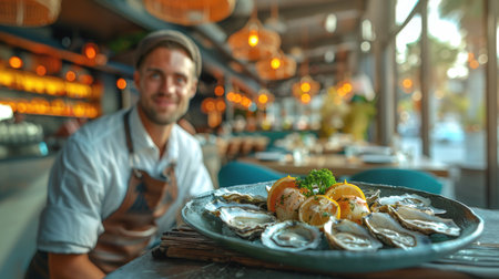 Chef Presenting Fresh Oysters in Trendy Coastal Restaurant During Eveningの素材