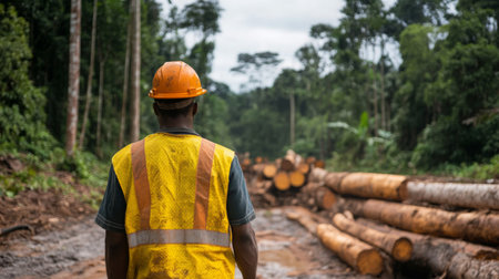 Logger Observing Cleared Terrain in Tropical Forest Under Cloudy Skyの素材