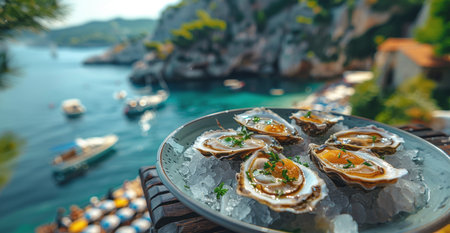 Fresh Oysters Served On Ice Overlooking A Serene Coastal Bay During Sunsetの素材