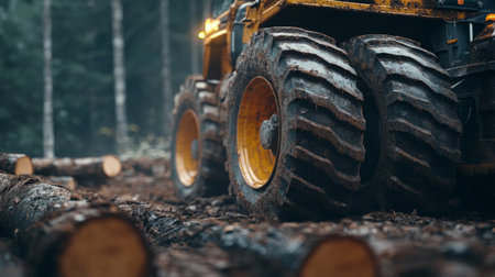 Heavy Machinery Collecting Logs in Forest During Autumnの素材