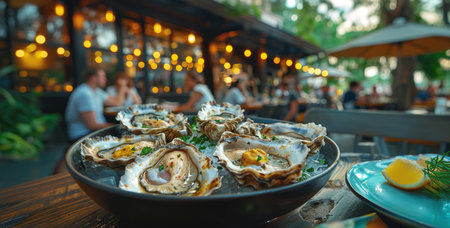 Fresh Oysters Served at Outdoor Restaurant in Summer Eveningの素材