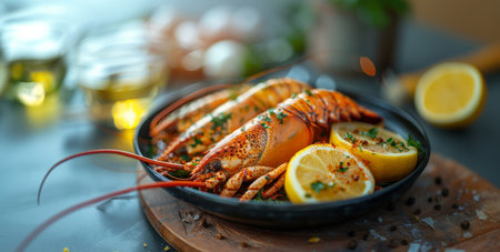 Freshly Cooked Lobster With Lemon Slices on a Wooden Platter in a Bright Kitchenの素材