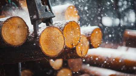 Snowy Logging Operation With Chainsaw Cutting Through Timber in Forestの素材