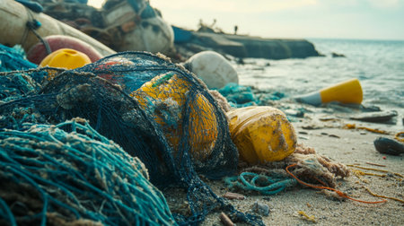 Debris Along Shoreline With Fishing Gear and Buoys at Duskの素材