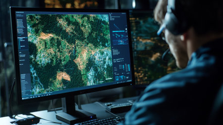 Monitor Displaying Geospatial Data Analysis by an Operator in a Darkened Control Roomの素材