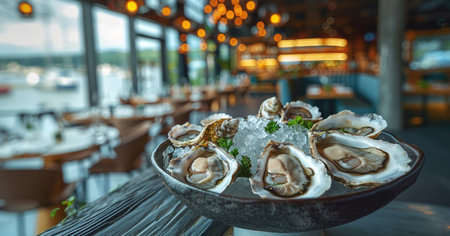 Fresh Oysters Served on Ice at Waterfront Restaurant During Eveningの素材