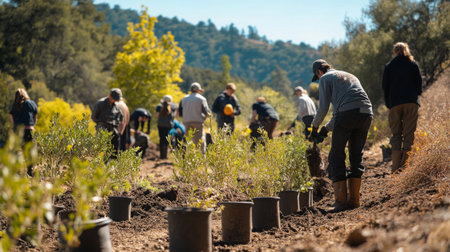 Community Members Planting Trees in a Sunny Valley During Autumnの素材