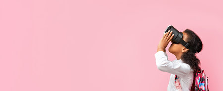 School Girl In Virtual Reality Headset Standing, Yellow Background, Side-View