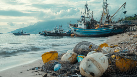 Fishing Boats and Marine Debris on a Beach at Sunsetの素材
