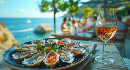 Fresh Oysters and Rose Wine By the Sea at a Coastal Restaurantの素材