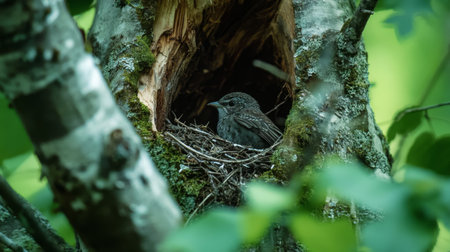 Nesting Bird in Tree Hollow During Springtimeの素材