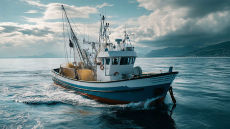 Fishing Boat Navigating Calm Waters Under Stormy Skies at Duskの素材