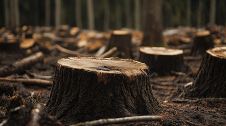 Tree Stumps in Clear-Cut Forest Area Under Overcast Skyの素材
