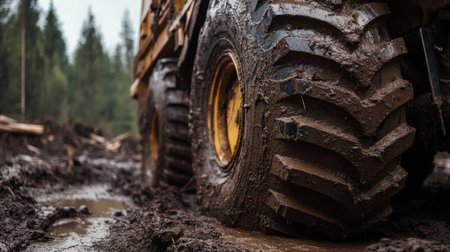 Heavy Machinery Tire Navigating Muddy Forest Terrain in Overcast Conditionsの素材