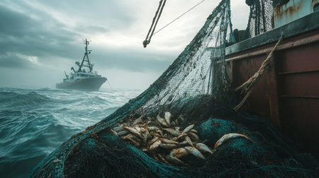 Fishing Vessel Hauls Catch in Stormy Waters at Duskの素材