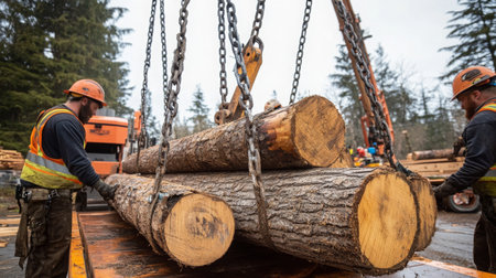 Loggers Lifting Heavy Timber During Operations in Forested Areaの素材