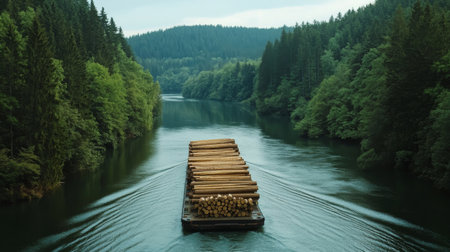 Barge Transporting Timber Through Lush Green River Valley in Early Morningの素材