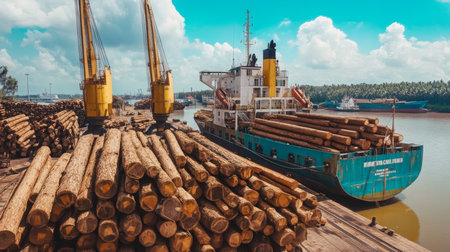 Logging Shipping Operation at Dockside With Stacked Timber and Cargo Vesselの素材