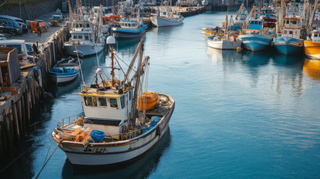 Fishing Boat Docked in Tranquil Harbor During Bright Sunny Dayの素材