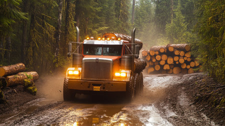 Logging Truck Transporting Timber Through Rainforest Road During Overcast Dayの素材