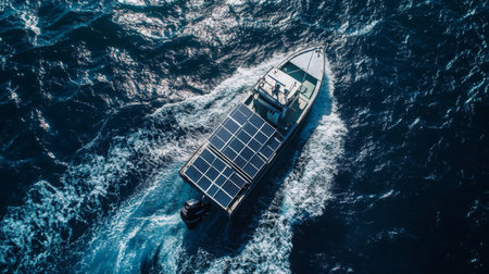 Solar-Powered Boat Navigating Through Clear Ocean Waters Under Bright Sunlightの素材