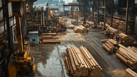 Timber Processing Facility With Stacked Logs and Heavy Machinery in Actionの素材