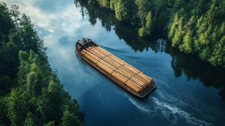Lumber Barge Transporting Timber Through a Calm River Surrounded by Lush Forestsの素材