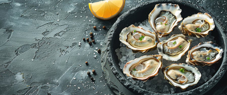 Freshly Shucked Oysters on Ice With Lemon Wedge and Seasoningの素材