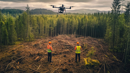 Drone Surveying Deforested Area With Workers Monitoring Lush Forest Landscapeの素材