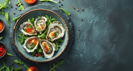 Fresh Oysters Served on a Rustic Plate With Garnish and Saucesの素材