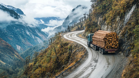 Truck Transporting Logs Along Winding Mountain Road in Cloudy Weatherの素材