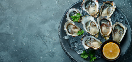 Freshly Shucked Oysters Served on Ice With Lemon and Herbsの素材