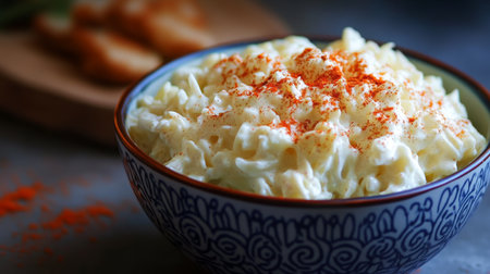 Creamy Coleslaw Served in a Decorative Bowl With Paprika on a Rustic Tableの素材