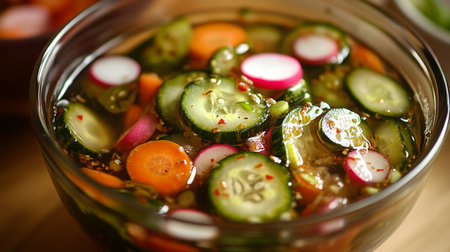 Fresh Vegetable Pickle Preparation in a Clear Bowl on a Wooden Surfaceの素材