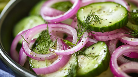 Fresh Cucumber Salad With Red Onion and Dill on a Serving Plateの素材