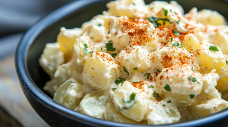 Classic Potato Salad With Paprika Topping in Black Bowlの素材