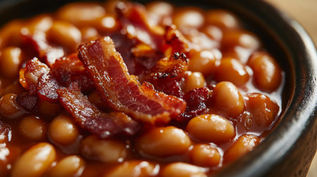 Savory Baked Beans Topped With Crispy Bacon in a Rustic Bowlの素材