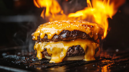 Double Cheeseburger Grilling With Flames at Sunset on a Backyard Barbecueの素材