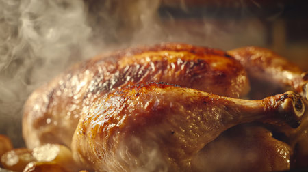 Roasted Chicken With Crispy Skin and Juicy Meat in a Smoky Kitchenの素材