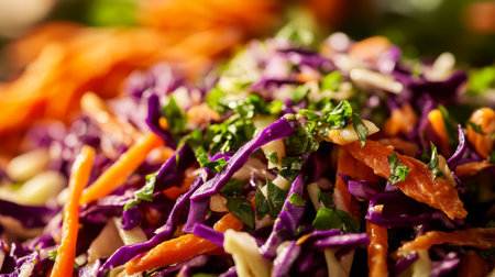 Colorful Shredded Cabbage Salad With Carrots and Herbs Prepared in the Kitchenの素材
