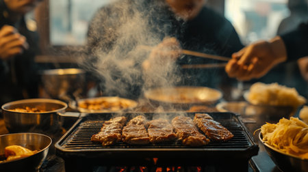 Barbecue Grill With Sizzling Meat and People Enjoying Dinner at Restaurantの素材