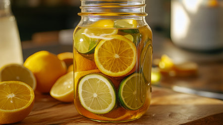 Refreshing Citrus Infused Drink in a Jar With Lemons and Limes on a Wooden Surfaceの素材